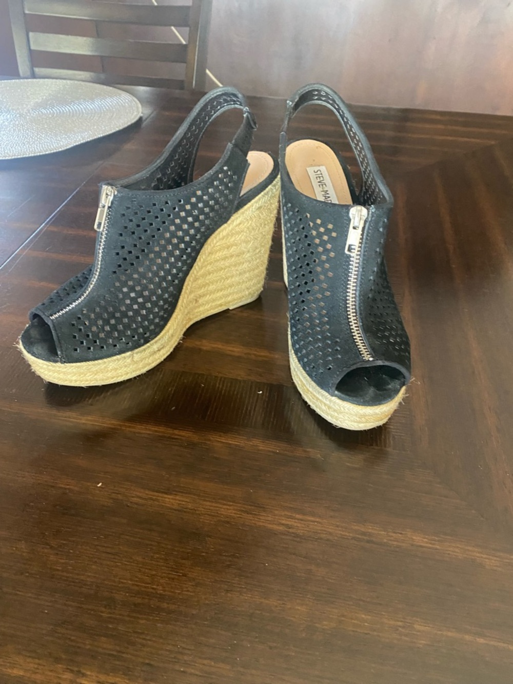Steve Madden Black Perforated Espadrille Wedge Sandals with Front Zipper